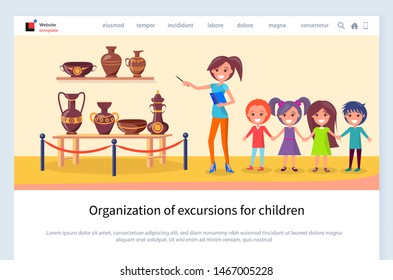 Children excursion vector, kids with teacher listening to facts and interesting info about ancient pots and amphoras with ornaments antiquity. Website or webpage template, landing page flat style