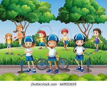 Children exercising in the park illustration