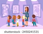 Children at exhibition. Guide telling art history to curious kids in gallery. Visitors to painting museum. Educational excursion. Masterpiece pictures exposition