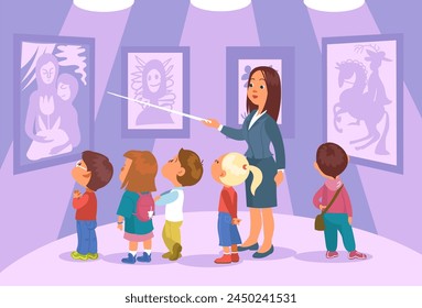 Children at exhibition. Guide telling art history to curious kids in gallery. Visitors to painting museum. Educational excursion. Masterpiece pictures exposition