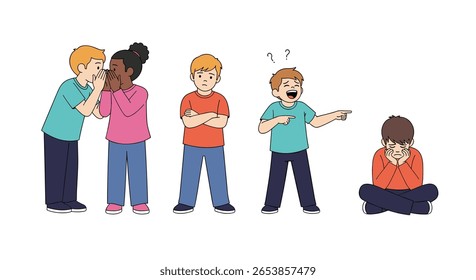 Crianças experimentando diferentes interações sociais em um parque infantil mostrando bullying e exclusão entre colegas
