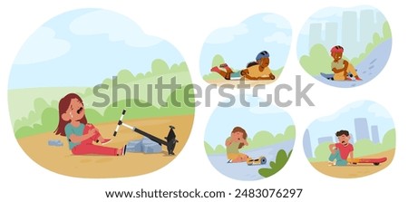 Children Experiencing Falling Accidents While Playing Outdoors. Vector Images Set Show Kids Tripping And Falling Off Bikes And Skateboards, Showcasing Emotions Of Pain And Surprise During Activities