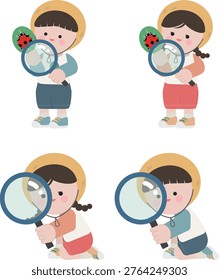 Children Experiencing the Forest in Straw Hat, a boy and a girl watching insects with a magnifying glass