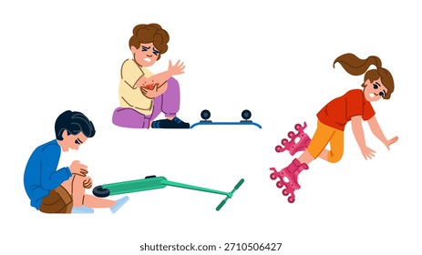 Niños experimentando varios accidentes mientras jugaban al aire libre, con un niño raspando su brazo, otro lastimándose la rodilla cerca de una moto y una niña cayendo mientras patinaba