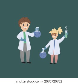 Children experiment with a teacher. A girl at school is studying Chemistry in the Laboratory. Science for children. Vector illustration