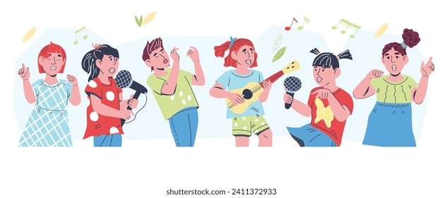 Children explore the music through singing and playing instruments, flat vector illustration isolated on white. Develop musical abilities and cultivate a love of music in children, art education.