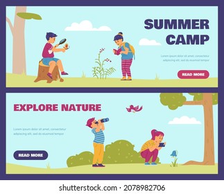 Children explore nature at summer adventure camp in flat vector illustration. Horizontal banners with curious school boys, girls looking at insects, birds, plants through magnifying glass, binoculars