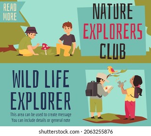 Children Explore Nature Vector Website Landing. Cartoon Style Vector Illustration Of Kids Doing Birdwatching On The Nature Hike And Exploring Plants And Mushrooms.