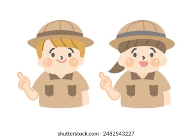 Children in explorer clothes pointing.