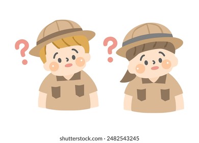 Children in explorer clothes thinking.