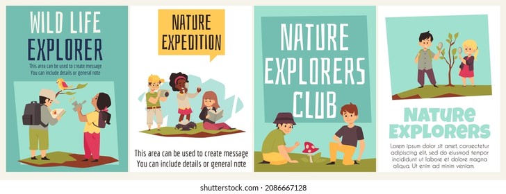 Children explorer club of nature on expedition in flat vector illustration. Set of banners with curious cartoon kids exploring bird, nest with egg, tree, mushroom. Fun education, new knowledges