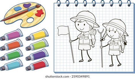 Children explorers drawn on a grid notebook page