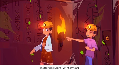 Children exploring ancient Egyptian treasury. Vector cartoon illustration of teen girl and boy in dark dungeon with hieroglyphs and pictures, fire torches, sticky slime, dusty cobweb on stone wall