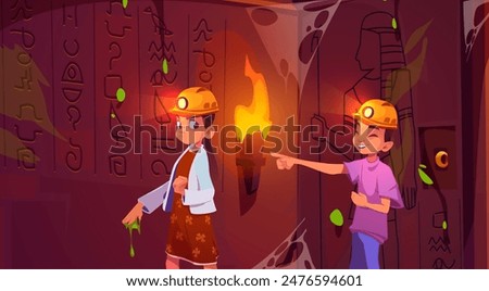 Children exploring ancient Egyptian treasury. Vector cartoon illustration of teen girl and boy in dark dungeon with hieroglyphs and pictures, fire torches, sticky slime, dusty cobweb on stone wall