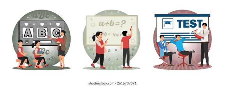 Children exploring basic literacy concepts guided by their teacher. Two children solving math problems on a board. Group engaged in a test preparation activity. Set flat vector modern illustration  