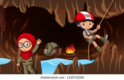 Children exploring the cave illustration
