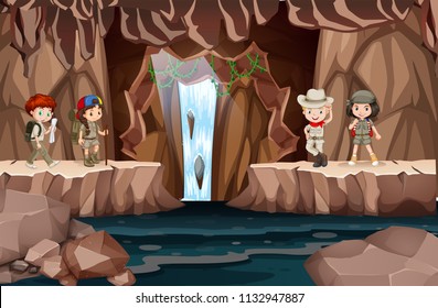 Children exploring a cave with waterfall illustration