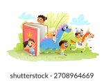 Children exploring magical fantasy world of reading books. Happy kids in fairytale book imaginary world riding horse and dinosaur. Vector children illustration for reading books and education.