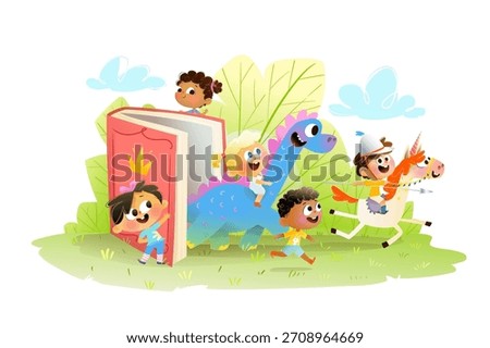 Children exploring magical fantasy world of reading books. Happy kids in fairytale book imaginary world riding horse and dinosaur. Vector children illustration for reading books and education.