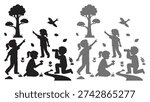 Children exploring nature, observing trees, birds, and plants.
