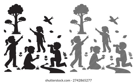 Children exploring nature, observing trees, birds, and plants.