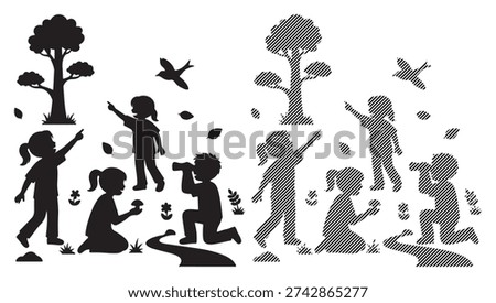 Children exploring nature, observing trees, birds, and plants.