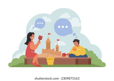 Children exploring nature on summer holidays. Active outside leisure for physical and mental health. Boy and girl having fun outdoors playing on the playground. Flat vector illustration