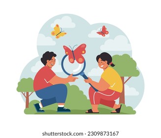 Children exploring nature on summer holidays. Active outside leisure for physical and mental health. Boy and girl having fun outdoors playing on the playground. Flat vector illustration