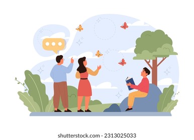 Children exploring nature on summer holidays. Active outside leisure for physical and mental health. Boy and girl having fun outdoors playing on the playground. Flat vector illustration