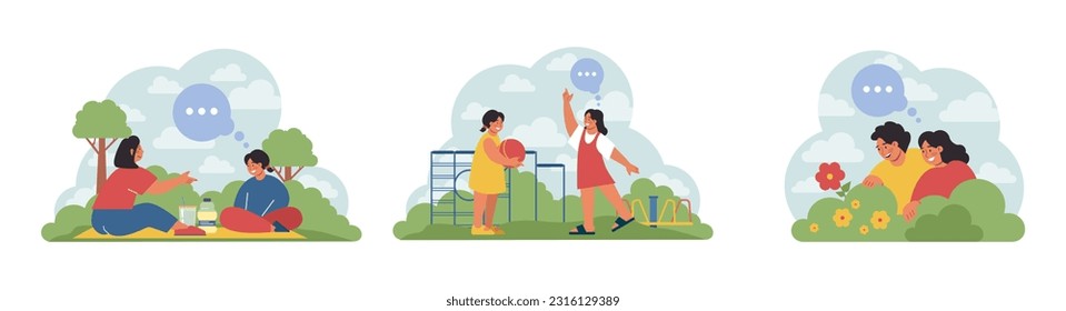 Children exploring nature on summer holidays set. Active outside leisure for physical and mental health. Boy and girl having fun outdoors playing on the playground. Flat vector illustration