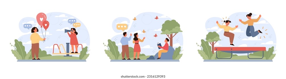 Children exploring nature on summer holidays set. Active outside leisure for physical and mental health. Boy and girl having fun outdoors playing on the playground. Flat vector illustration