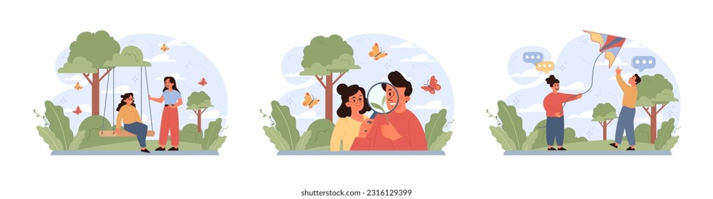 Children exploring nature on summer holidays set. Active outside leisure for physical and mental health. Boy and girl having fun outdoors playing on the playground. Flat vector illustration