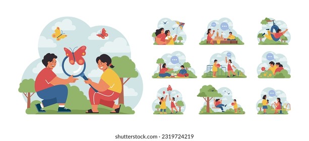 Children exploring nature on summer holidays set. Active outside leisure for physical and mental health. Boy and girl having fun outdoors playing on the playground. Flat vector illustration