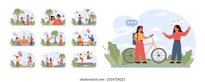 Children exploring nature on summer holidays set. Active outside leisure for physical and mental health. Boy and girl having fun outdoors playing on the playground. Flat vector illustration