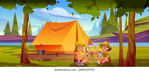 Children exploring nature in summer camp. Vector cartoon illustration of happy boy and girl scouts playing with magnifying glass and shovel, sitting near tent in riverside forest, blue sunny sky