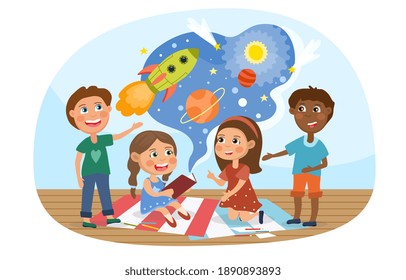 Niños explorando el espacio ultraterrestre imaginando las naves espaciales y los planetas mientras están sentados leyendo un libro, dibujos animados de color ilustraciones vectoriales