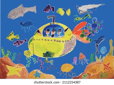 Children exploring the sea on a submarine