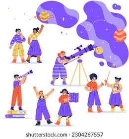 Niños explorando el espacio y la galaxia estudiando la ilustración del vector de telescopio de observación de planetas