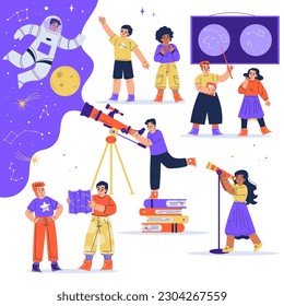 Children Exploring Space and Galaxy Studying Planet Watching Telescope Vector Illustration