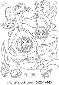 Children exploring the underwater world in a submarine coloring pages for children cartoon vector illustration. Black and white