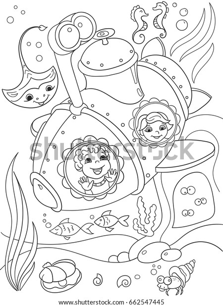 子どもの漫画のベクターイラストのための 潜水艦のカラーリングページで水中の世界を探検する子どもたち 白黒 のベクター画像素材 ロイヤリティフリー
