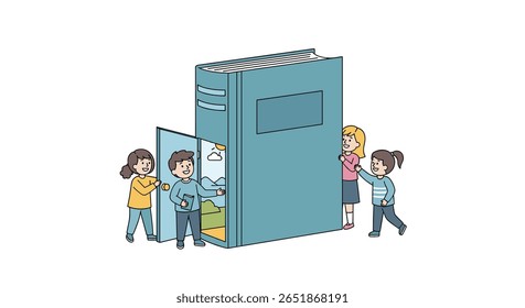 Crianças explorando mundos dentro de uma aventura de livro aberto gigante