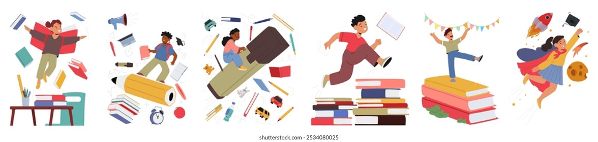 Children Express Enthusiasm And Joy For The New School Year Through Playful Activities Surrounded By Books And School Supplies Illustrating Excitement And Anticipation For Learning And New Experiences