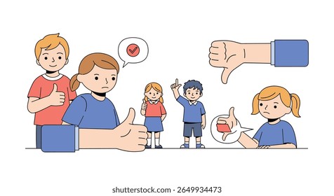 Children expressing opinions positive and negative feedback gestures conveying approval disapproval understanding concepts