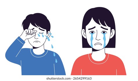 Crianças expressam tristeza e choram lágrimas de emoção em uma ilustração gráfica