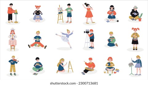 Children expressing their talents set. Boys and girls painting, crafting, dancing and playing musical instruments cartoon vector Illustration