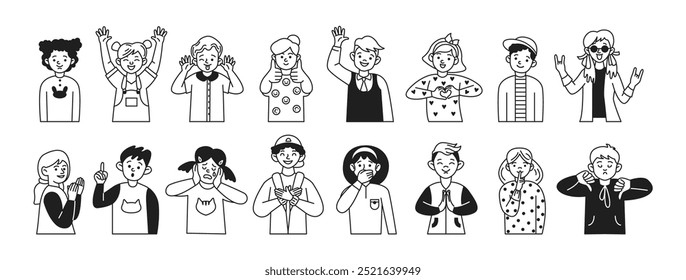 Children expressing various emotions linear icons collection. Teenagers use gestures and facial expressions showing feelings characters set