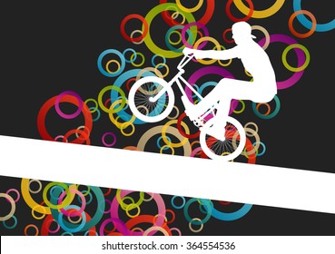 Children extreme cyclist young and active people sport silhouettes vector background illustration