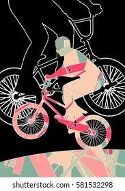 Children extreme cyclists young and active people sport silhouettes vector mosaic background illustration