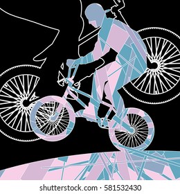 Children extreme cyclists young and active people sport silhouettes vector mosaic background illustration